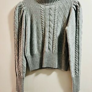 LOFT Gray Puff Sleeve Cable Knit Sweater